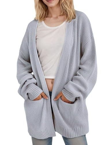 Image of Jhsnjnr Womens Chunky Long Knitted Cardigan Lantern Sleeve Oversized Knitwear Open Front Sweater Grey