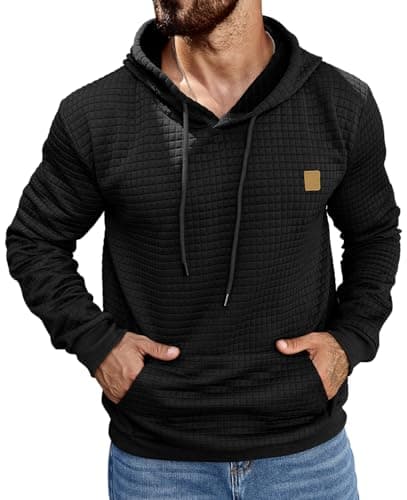Image of AIYINO Men's Hoodies Pullover Hooded Sweatshirts Long Sleeve Waffle Drawstring Casual Hoody with Kanga Pocket XXL Black