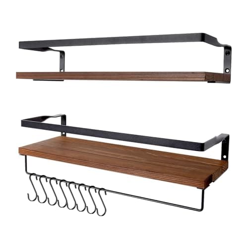 Image of AGM Floating Shelves Wall Mounted Shelf, Wooden Wall Shelves Racking Set of 2 for Bedroom, Bathroom, Living Room, Kitchen Storage w/ 1 Towel Bar and 8 S-Hooks, Max Load 33lbs