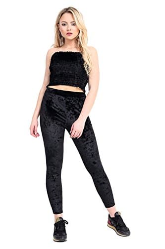 Image of Womens Velvet Velour Crushed Elasticated Stretch Leggings Trousers Bottoms (Black, UK 12-14)