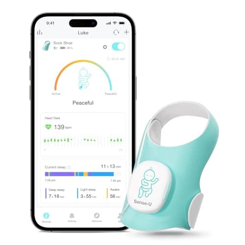 Image of Sense-U Baby Smart Sock Shoe Baby Monitor, Track Sleep Patterns, Heart Rate, Movement for Peace of Mind, Infant Foot Monitor for Better Sleep,1-12M