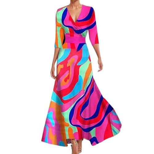 Image of Fashion Elegant Temperament V Neck Floral Printed Summer Dresses for Women UK Flower Graphic Vintage Dress Ladies V Neck Knee Length Wrap Waist Half Sleeve Slim Trendy Maxi Dress (Hot Pink, M)