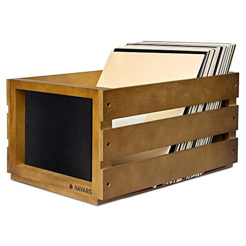 Image of Navaris Wooden Record Crate - Vinyl Album Storage Holder Box Wood Case with Chalkboard Sign Board - Holds up to 80 LP Records - Brown
