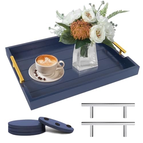 Image of SXNOWS Coffee Table Tray - Large Ottoman Tray for Living Room - Wood Serving Tray with 2 Sets of Handles - Wooden Trays for Coffee Tables, 4 Round Coasters Included, Deep Blue