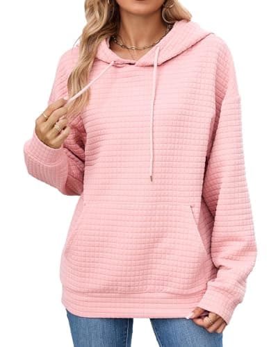 Image of iChunhua Longline Hoodies for Women UK Pink Waffle Textured Light Hooded Jumpers Ladies Tunic Tops With Hood Pink M