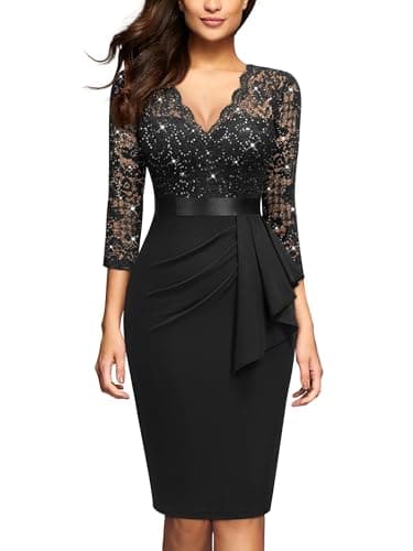 Image of MIUSOL Women's Vintage Lace V-Neck 3/4 Sleeves Cocktail Party Formal Wedding Guest Work Bodycon Dress (Small, Sequins Version - Black)