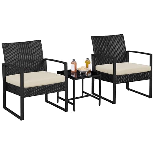Image of Yaheetech 3-Piece Rattan Garden Furniture Set, 2 Seater Chairs & 1 Table for Balcony with Cushions for House/Porch/Garden/Backyard/Outdoor Use, Black/Beige