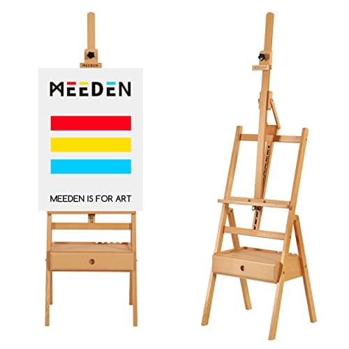 Image of MEEDEN Forward Tilt Studio H-Frame Easel with Art Supply Storage Drawer - Adjustable (58"~75") Solid Beech Wood Easel Stand for Artists, Students and Beginners, Holds Canvas Art up to 37"