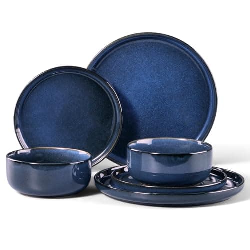 Image of HaWare Dinner Set, 6 Piece Stoneware Dinnerware Service for 2, Reactive Glaze Dining Ware Include Plates and Bowls, Chip and Scratch Resistant, Microwave & Dishwasher Safe, Nebulas Blue