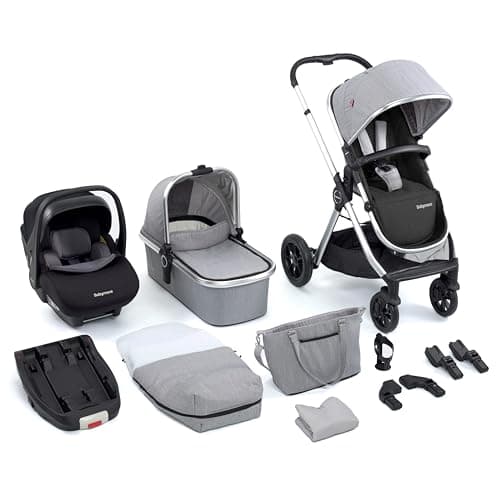 Image of Babymore Memore V2 Travel System 13 Piece Silver - 3-in-1 Pram Travel System, Foldable, Reclining Baby Pushchair, Premium Pecan i-Size Car Seat with ISOFIX Base & Essentials, 0-4 Years | Up to 22 Kg