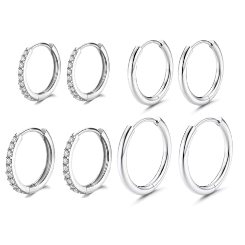 Image of Hoop Sliver Earrings for Women 4 Pairs-Cartilage Earrings Stud Hypoallergenic Gold/Silver Flat Back Small Hoops Huggie Dainty Dangle Earring for Ears Helix Piercing Trendy Jewellery Gift Women Girls