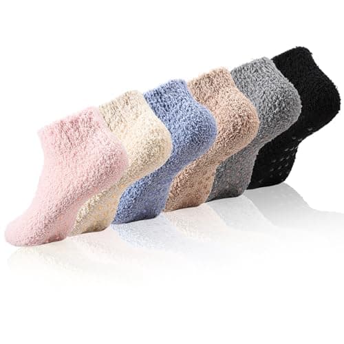 Image of Candcamp 6 Pairs Slipper Fluffy Socks for Women,Low Cut Non Slip Soft Thermal Fuzzy Bed Slippers Socks with Anti-slip Grain for House Floor Bed(beige, black, khaki, blue, pink, grey)