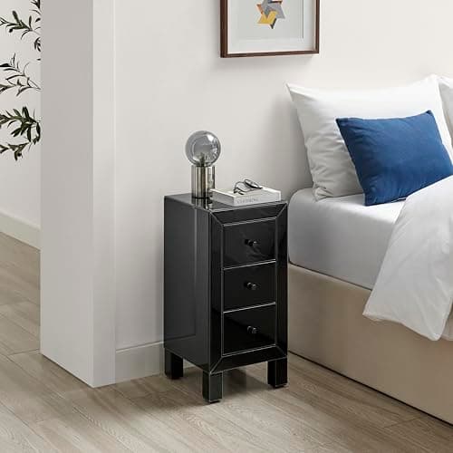 Image of Furniturebox UK Lexi Contemporary Black Mirrored Bedside Table Side Table Bedroom Cabinet Modern Slimline 3 Drawer Reflective Stylish Bedroom Furniture
