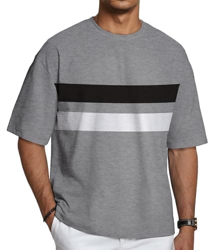 Image of Mens T Shirt Oversized Summer Tops Short Sleeve Round Neck Causal Tees Baggy Graphic Tshirt(B-Gray Stripes,2XL)