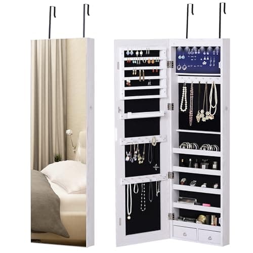 Image of HOMCOM Jewelry Cabinet with Mirror and LED Lights, Lockable Makeup Cosmetics Jewellery Organiser, Mirror with Storage for Bedroom Dressing Room, White