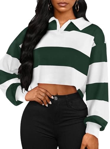 Image of LovelyWholesale Women Striped Cropped Sweatshirts Polo Collar Long Sleeve Crop Tops, Green White, M