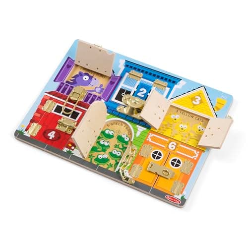 Image of Melissa & Doug Deluxe Latches Wooden Activity Board – 6 Doors with Locks & Latches – Ages 3+