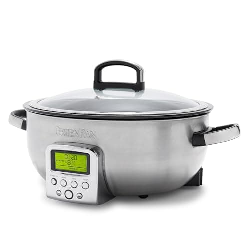 Image of GreenPan Elite Essential Smart Electric 5.6L Skillet Pot, Easy Sear Saute Stir-Fry & Rice Cooker Presets, PFAS-Free Healthy Ceramic Non-Stick, Dishwasher Safe Parts, LED Display, Stainless Steel