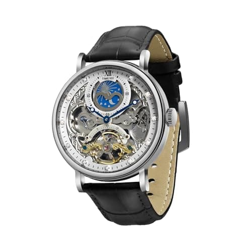 Image of TIME100 Men's Automatic Watch Self Winding Mechanical Watch Genuine Leather Strap Skeleton Watches for Men