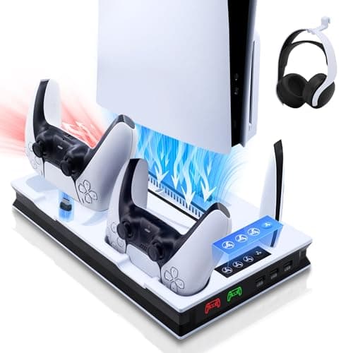 Image of Mcbazel PS5/PS5 Slim/PS5 Pro Stand and Cooling Station with Dual Controller Charging Station for Playsation 5 Disc/Digital, PS5 Slim/PS5/PS5 Pro Cooling Stand with 3 Levels Cooling Fan-White