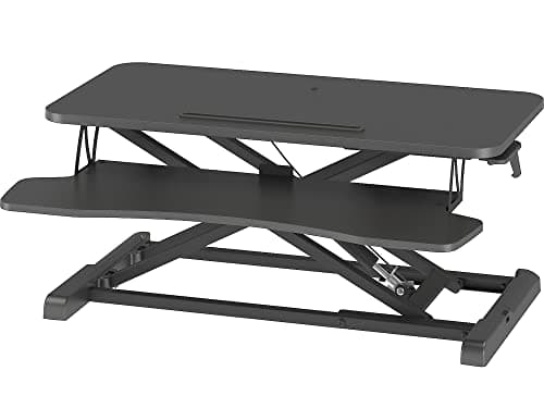 Image of BONTEC Standing Desk Converter, 32in/80cm Height-Adjustable Dual Tier Workstation, Ergonomic Sit-Stand Desk Converter for PC Laptop Keyboard, Monitor Stand Compatible, Up to 15kg, Home Office (Black)