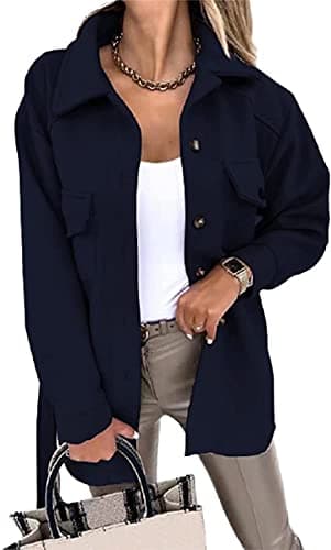 Image of ASKSA Womens Single Breasted Shacket Jacket Mid Length Trench Pea Coat Long Sleeve Cardigan Outwear with Belt(Dark Blue,S)