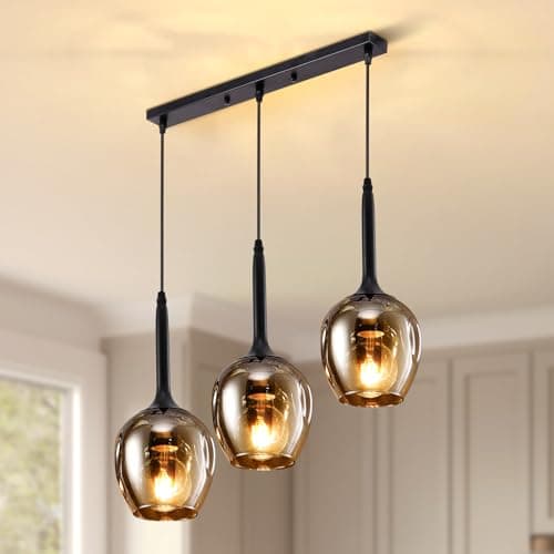 Image of Warmiehomy Glass Pendant Lights 3 Lights, Kitchen Island Lights Clear Glass Shade, Light Pendant Fitting for Loft Bar Dinning Room Living Room,L50*W18*H120cm(Black)