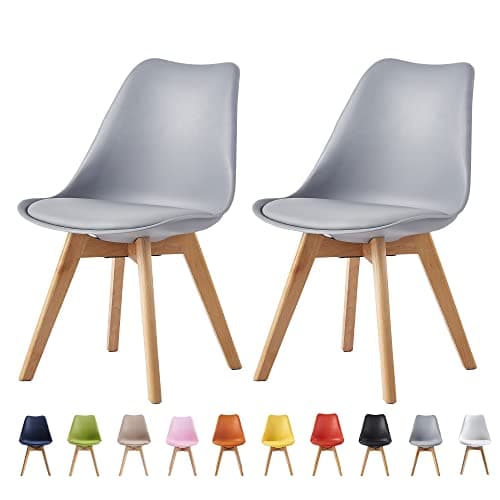 Image of mcc direct Set of 2 Dining Chairs Wooden Legs Soft Cushion Pad Stylish DELUXE Retro Lounge Dining Office EVA (Grey)
