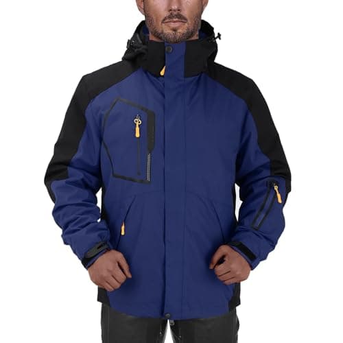 Image of Generisch Rain Jacket Men's Waterproof Breathable Wind Jacket Cargo Colour Block Transition Jacket Thickened Fleece Hiking Jacket Large Sizes Warm Raincoat Outdoor Sports Hooded Jacket for Men, navy