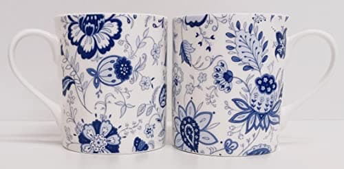 Image of Rainbow Decors Blue Persia Mugs Set 2 Mugs Fine Bone China Blue & White Floral Oriental Balmoral 8.5oz 250ml Cups Hand Decorated UK