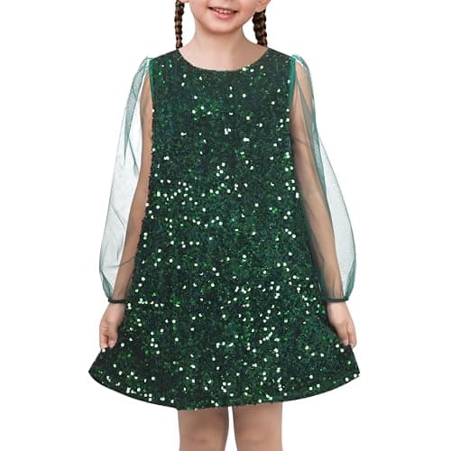 Image of Sunny Fashion Girls Dress Green Sequin Sheer Mesh Long Sleeve Formal Pageant Wedding Age 8 Years