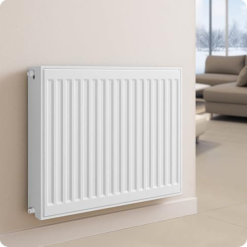 Image of Belvit Universal Radiator Flat Radiator Compact - Valve, 6 Connections, Type T22, 500 x 500, 747 Watt, Pure White RAL 9016, Steel, DIN EN 442, Includes Valve and Wall Bracket, Wall Hung