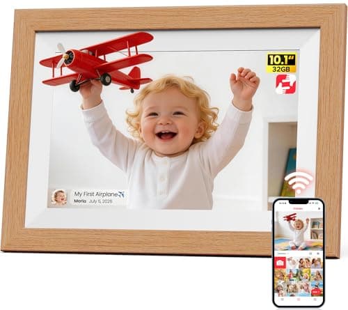 Image of Frameo WiFi Digital Photo Frame 10.1 Inch Natural Wood - 1280x800 HD IPS Touch Screen Picture Frame Electronic, 32GB Memory, Auto Rotate, Digital PictureFrame for Sharing Photos and Videos