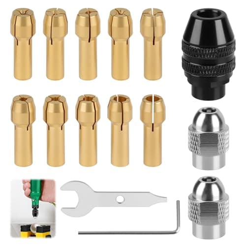 Image of 15PCS Drill Chuck Collet Set Compatible with Dremel Rotary Tool 0.8–3.2mm Shank Change Keyless Chuck with Brass Collets & Metal Nut, with Replacement 4486/4485 Accessory Kit for Drilling, Grinding