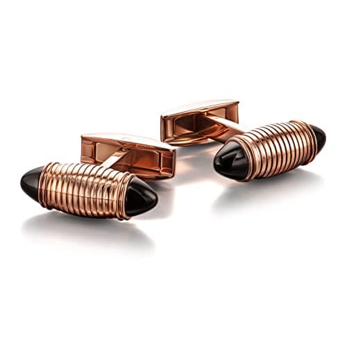Image of Colibri Stanford Cufflinks For Men - Designer Cufflinks with Black Onyx stone Inlays - Pivoting Whale Back Closure - Polished Stainless Steel with Rose-gold Finish - Gift Box