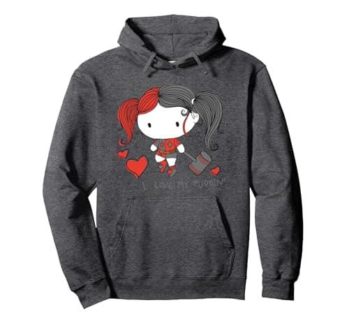 Image of Justice League Harley Quinn I love My Puddin Pullover Hoodie, Adult Unisex, Dark Heather Grey, Medium