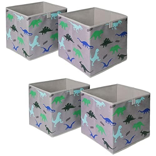 Image of OHS 4 Pack of Dinosaur Print Kids Storage Toys Games Box Clothing Space Saving Foldable Organiser Cube, Charcoal Grey
