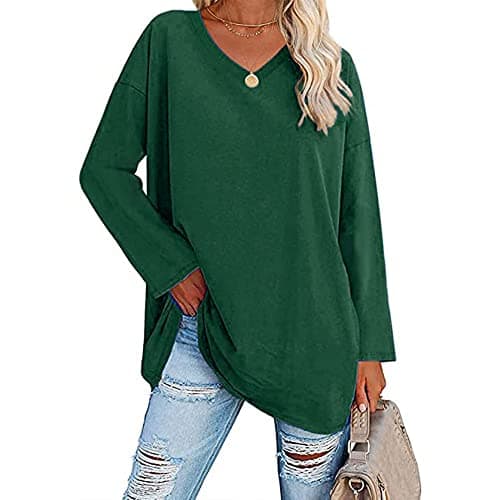Image of Famulily Women's Plus Size Long Sleeve Tee Shirt Soft Cotton T Shirts Ladies V Neck Tunic Tops Green L