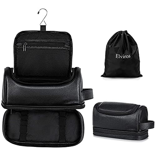 Image of Elviros Water-Resistant Leather Toiletry Bag for Men Large Double-Layer Travel Wash Bag Shaving Dopp Kit Bathroom Gym Toiletries Makeup Organizer,Gift for Men (Black)