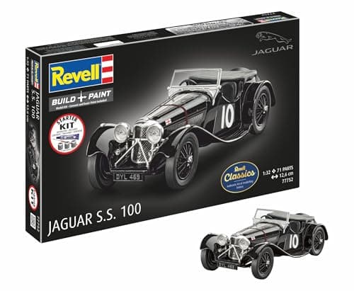 Image of Revell 77752 Starter Kit Jaguar SS 100 1:32 Scale, Plastic Model Kit with Basic Paint Colours, Model Glue, and Paintbrush