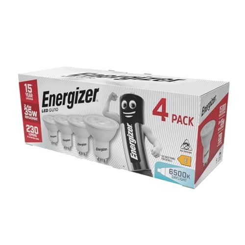 Image of Energizer GU10 LED Bulbs Daylight 6500K Light Bulb Pack of 4 – 35W Halogen Spotlight Bulb Equivalent Replacement – 230LM Energy Saving 2.4W GU10 Non Dimmable LED Bulbs