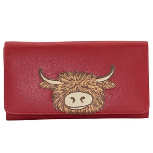 Image of Mala Leather Bella Highland Cow Matinee Purse – Limited Edition Genuine Leather RFID Women’s Wallet with Card Slots, ID Window, Zipped Pockets & Note Sections – 18 × 10 × 2.5 cm (Red)