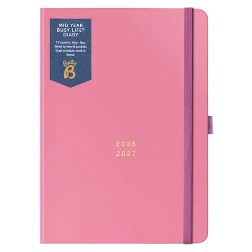 Image of Busy B Diary - A5 Mid-Year Academic Diary - Busy Life Weekly Journal - Aug '26 - Aug '27 – Bright Pink Cover - Life Planner with Dual Schedules, Year Calendar, Pen Loop, Pockets & Elastic Closure