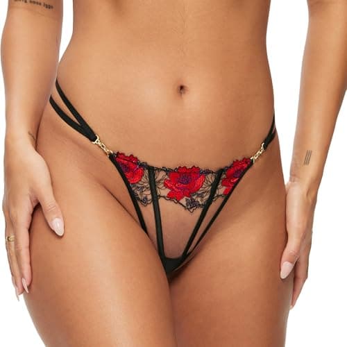 Image of Ann Summers Caged Rose Black & Red Thong Sheer Mesh & Embroidered Womens Underwear with Gold-Toned Hardware, Flattering & Easy to Wear G String Knicker - Womens Lingerie