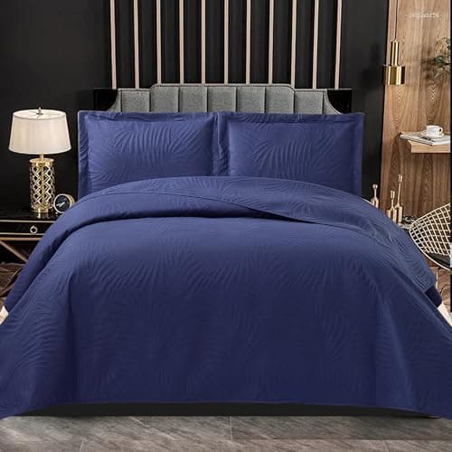 Image of PHP Bedspread Bed Throws for Bedroom Decor - Decorative Embossed Tropical Leaf Pattern Quilted Fabric Reversible Quilt Bedspreads Coverlets with Pillow Case (King, Dark Blue)