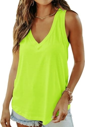 Image of ELFIN Womens Vest Tops Summer Sleeveless Deep V Neck Tank Top Loose Fit Flowy Shirt Neon Green