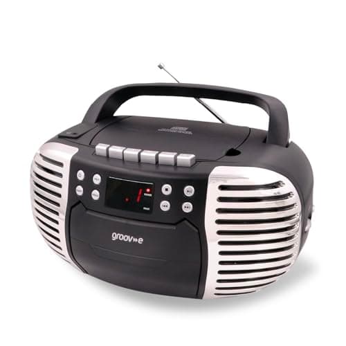 Image of Groov-e Retro Boombox - Portable Cassette Tape & CD Player with Radio, 3.5mm Aux Port, & Headphone Socket - LED Display, 2 x 1.2W Speakers - Battery or Mains Powered - Black