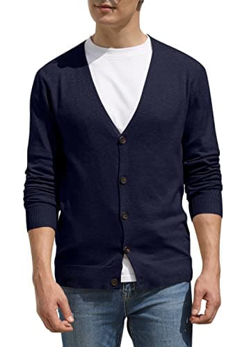 Image of Hisir Men's Knit Cardigans Jumpers Lightweight Classic Soft Wool V Neck Cardigan with Buttons, Long Sleeve Knitwear Pullover Sweaters for Men, Mens Gift (Navy Blue, XL)