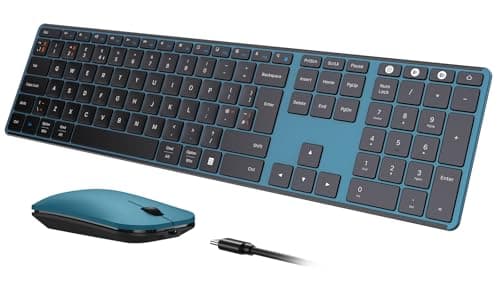 Image of seenda Wireless Bluetooth Keyboard Mouse, SKM64-3 Multi-Device Rechargeable Ultra Slim Wireless Mouse and Keyboard Set for Windows, Mac OS, Laptop, Tablet, iPad, QWERTY UK Layout, Black and Blue