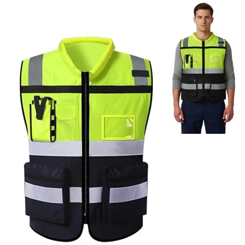 Image of URAQT Yellow Hi Vis Vests 130 * 71cm, Reflective Vest XL, Safety Jackets with 7 Pockets Zipper, ID Pocket, Executive Waistcoat Breathable, for Workwear, Running, Cycling, Mens Womens